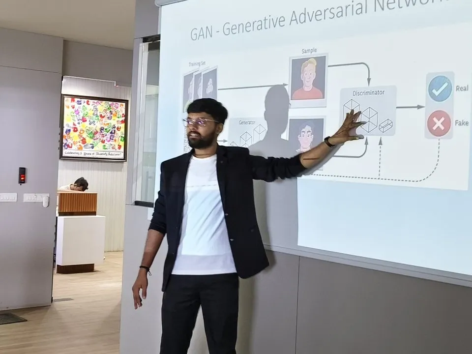 Harsh Nanavati presenting a slide on generative adversarial networks