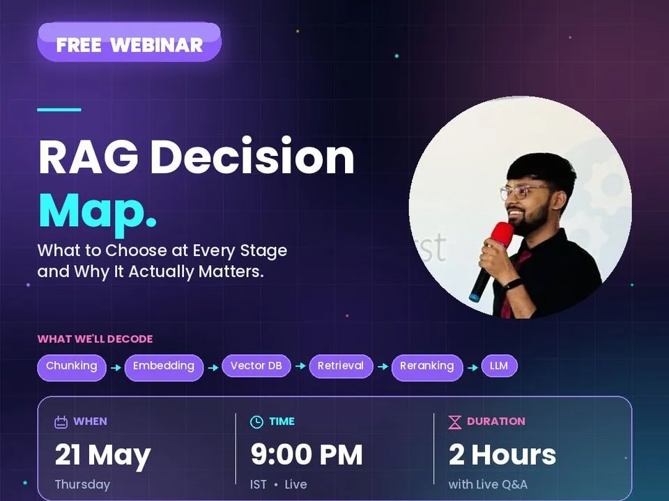Announcement poster for the RAG Decision Map webinar on 21 May, hosted by Harsh Nanavati